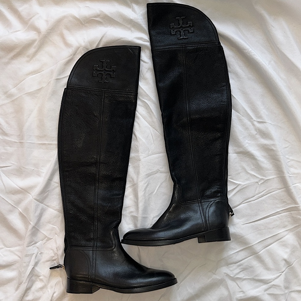 Tory Burch knee high black leather boots